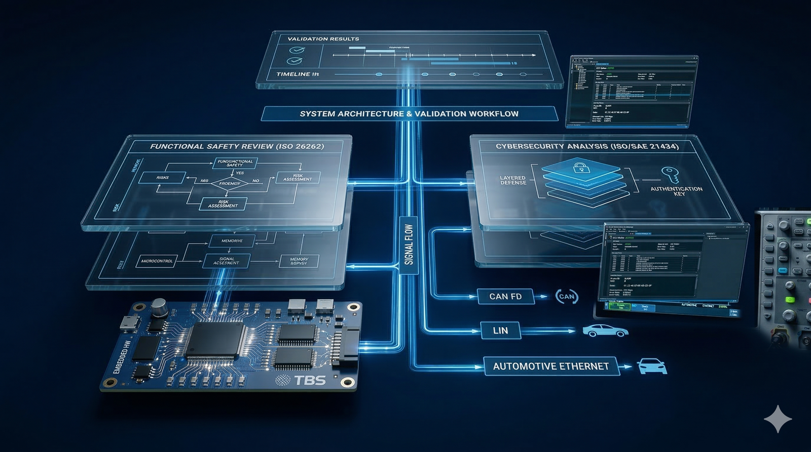 System architecture and validation workflow connecting functional safety, cyber security, embedded hardware, and automotive communication layers.