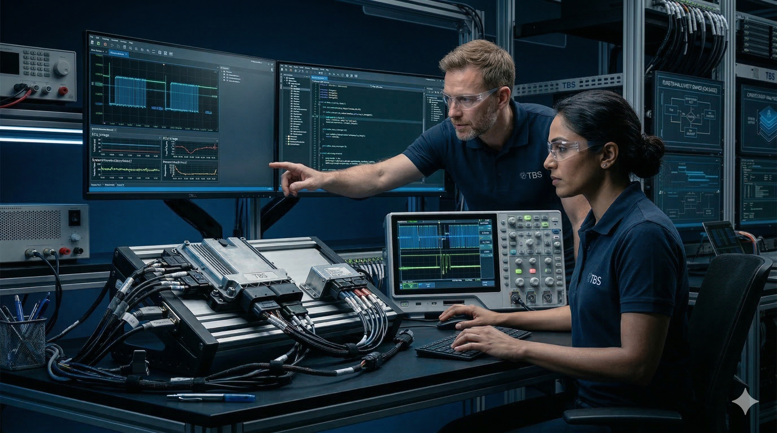 Embedded software engineering workstation with engineers reviewing diagnostics, test traces, and software tooling.