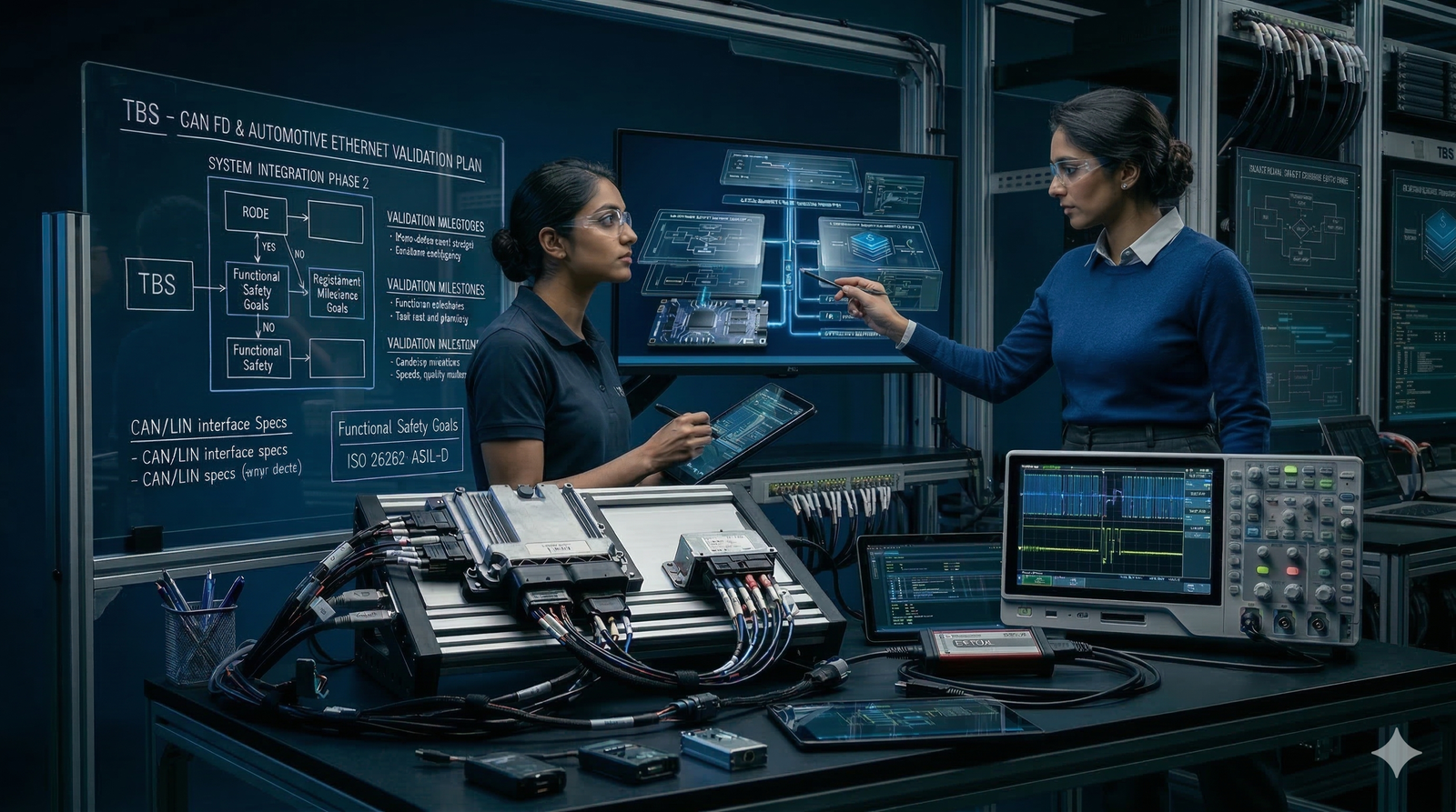 Engineering team discussion around validation plans, functional safety goals, and embedded system review screens.