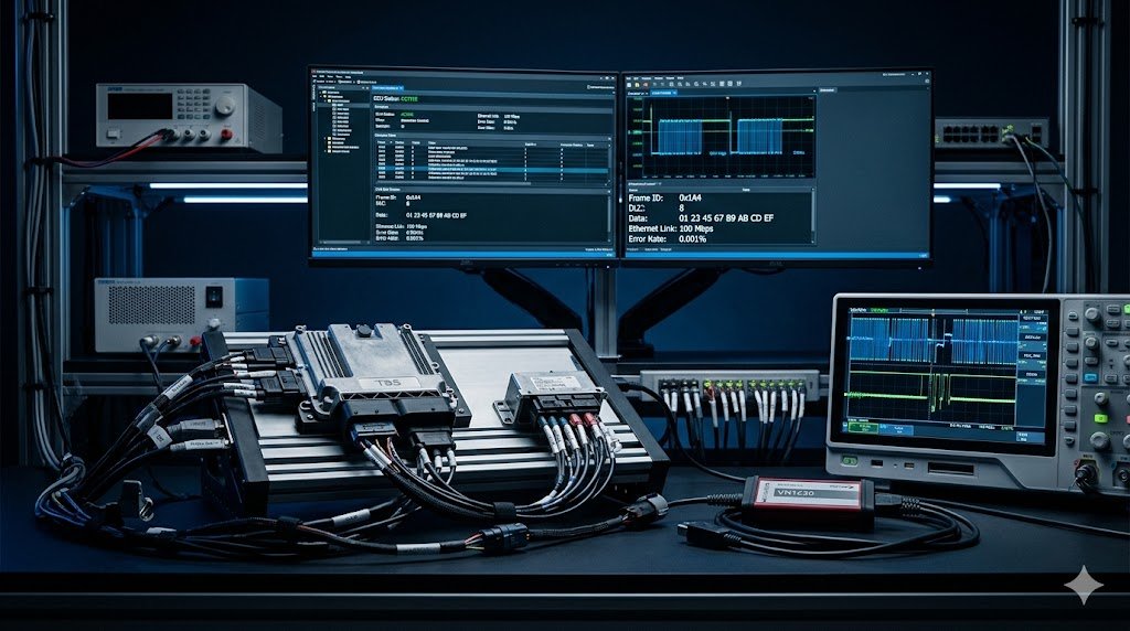 Automotive ECU validation bench with dashboards, instrumentation, and connected control units.