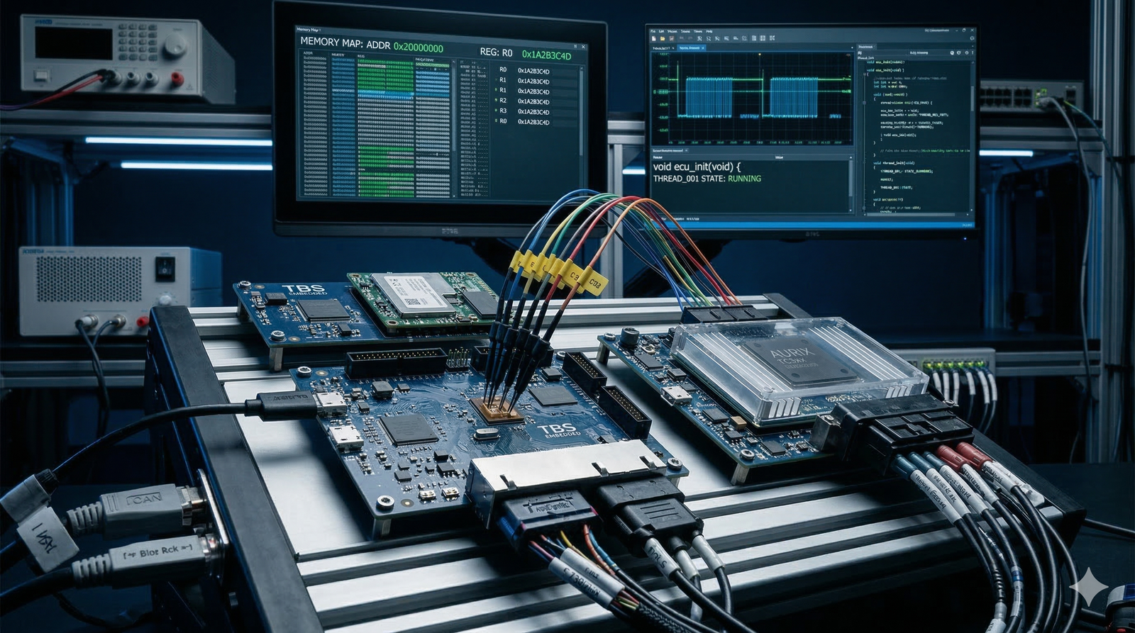 Embedded development lab with boards, connected harnesses, and software diagnostics running across multiple displays.