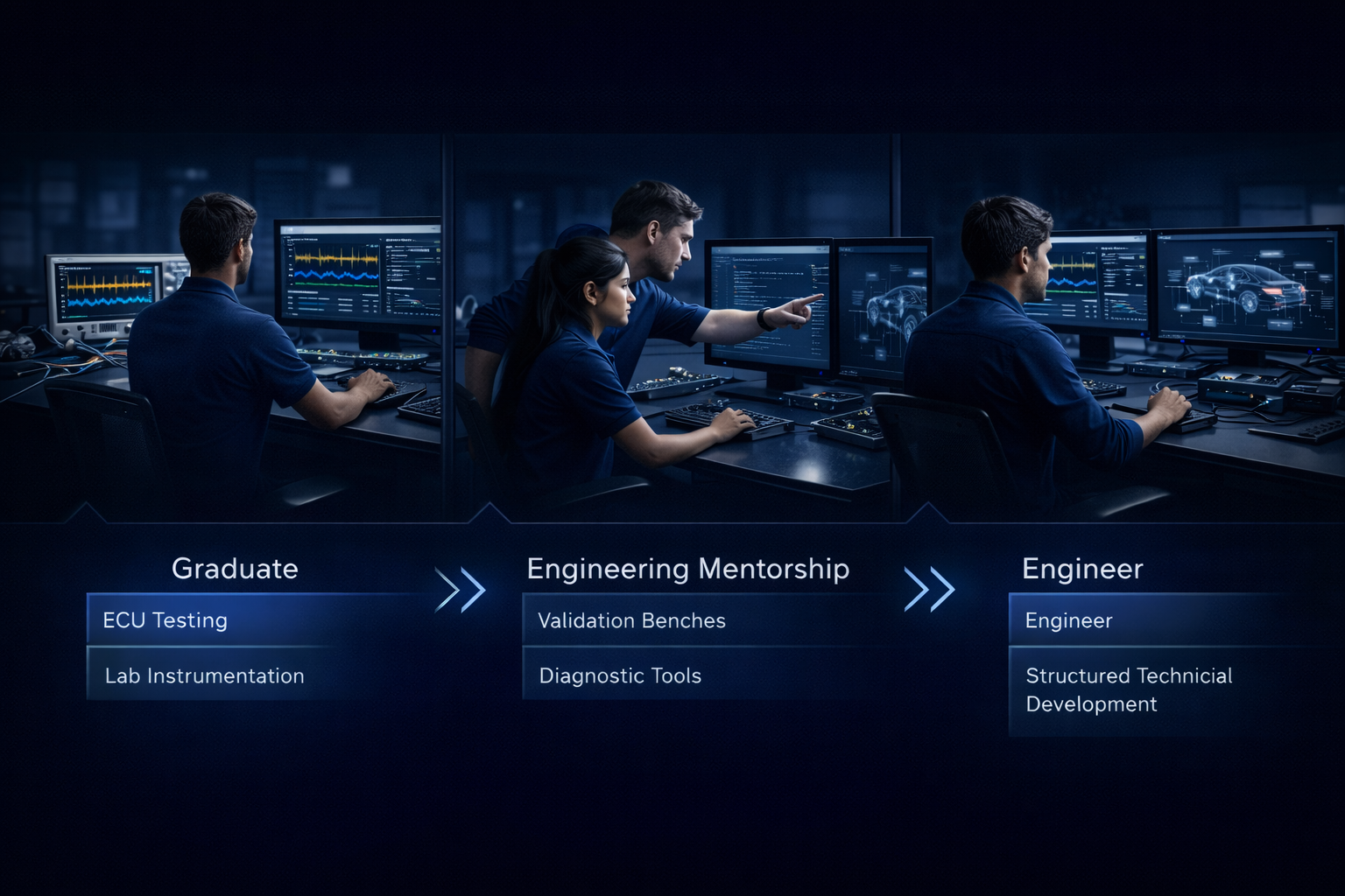 Structured engineering training environment with mentors, test benches, and graduate engineers developing automotive validation skills.